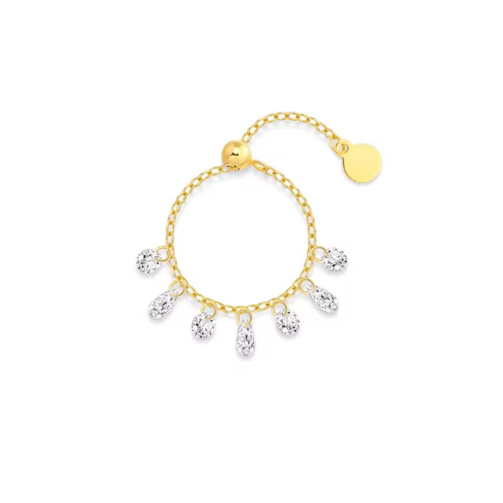 Crystal Drop Chain Ring - 925 Sterling Silver (Adjustable)