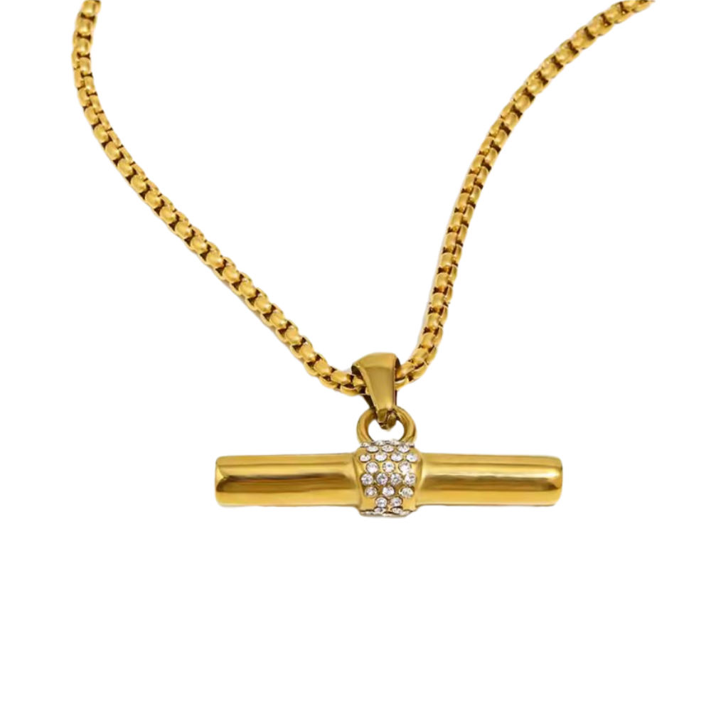 Crystal T-Bar Necklace – 18K Gold Stainless Steel Pendant - Silver