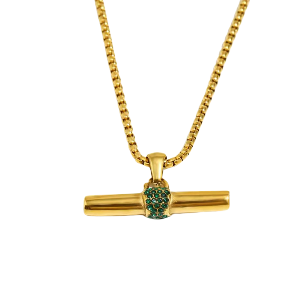 Crystal T-Bar Necklace – 18K Gold Stainless Steel Pendant - Emerald