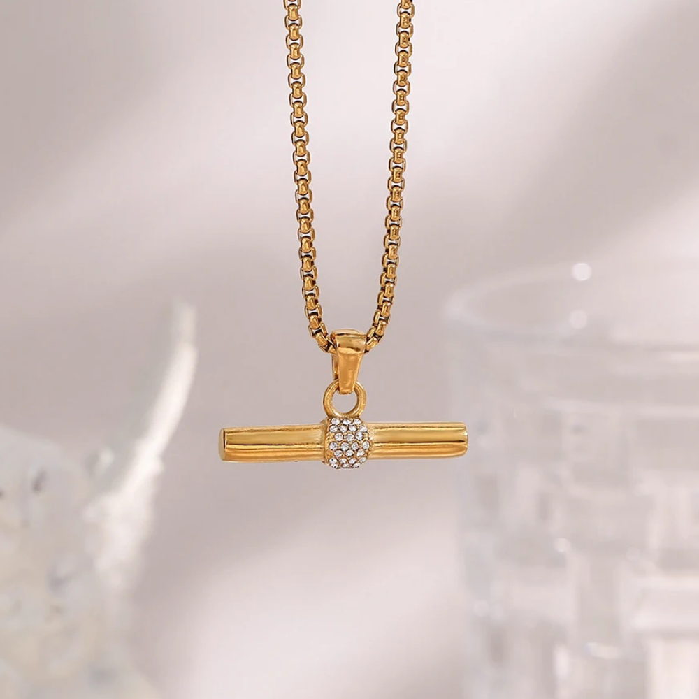 Crystal T-Bar Necklace – 18K Gold Stainless Steel Pendant - Silver