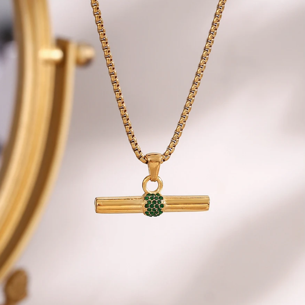 Crystal T-Bar Necklace – 18K Gold Stainless Steel Pendant - Emerald