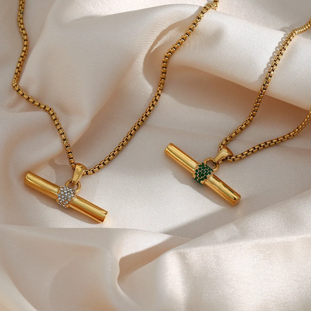 Crystal T-Bar Necklace – 18K Gold Stainless Steel Pendant - Silver and Emerald