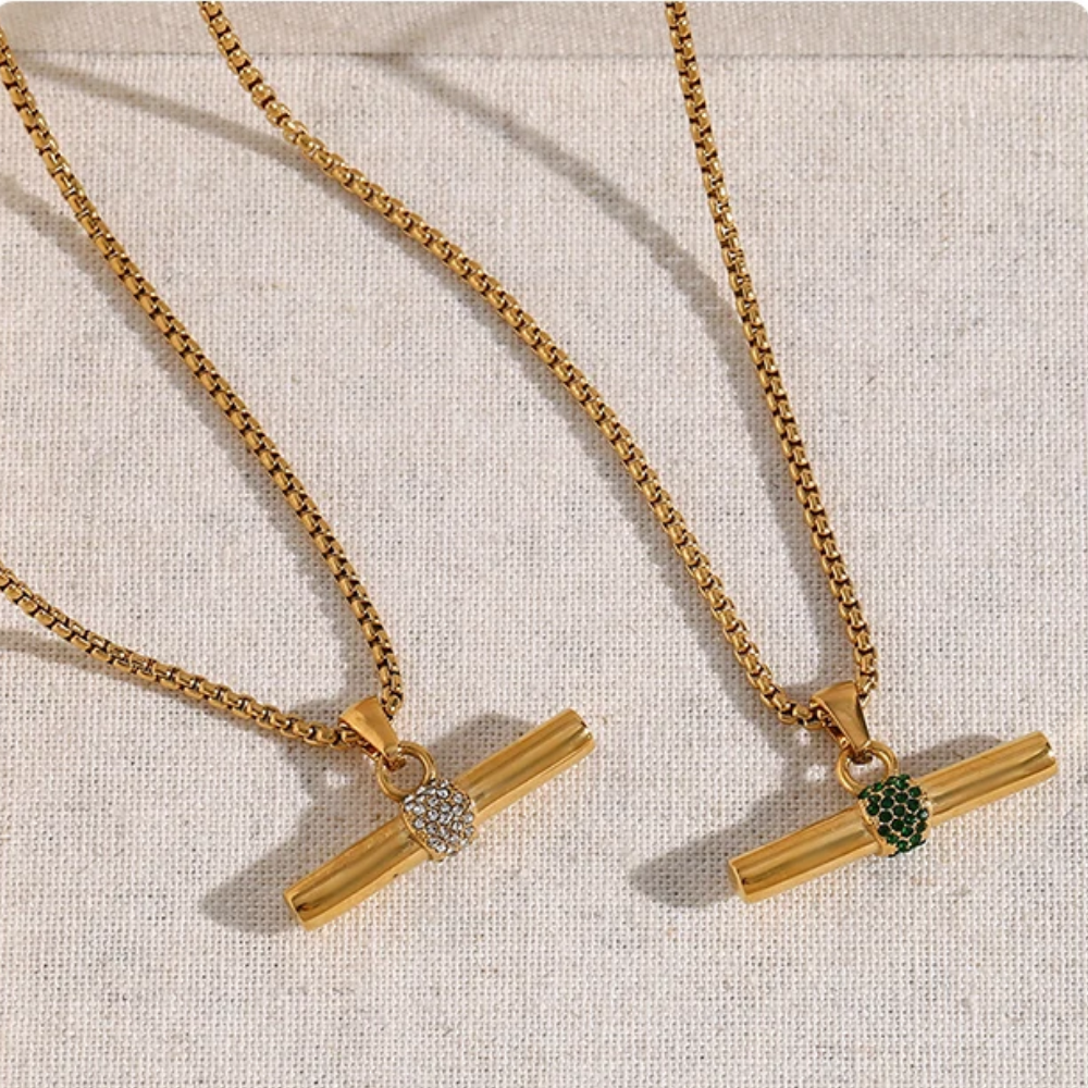 Crystal T-Bar Necklace – 18K Gold Stainless Steel Pendant - Silver and Emerald