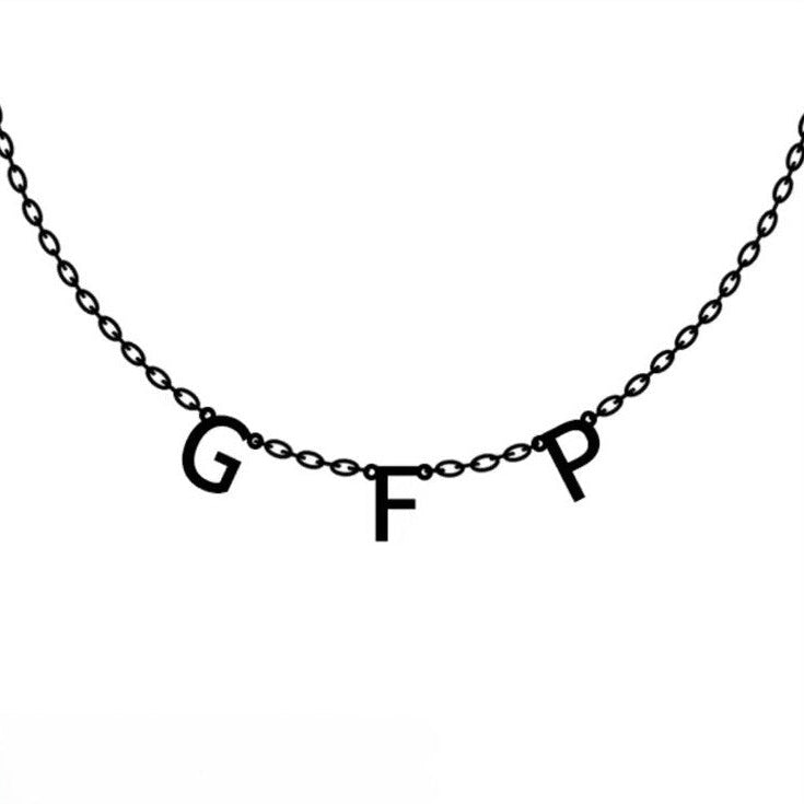Necklace with 'GFP' letters on a white background