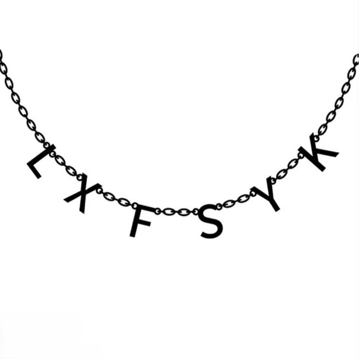 Necklace with black lettered chain on a white background