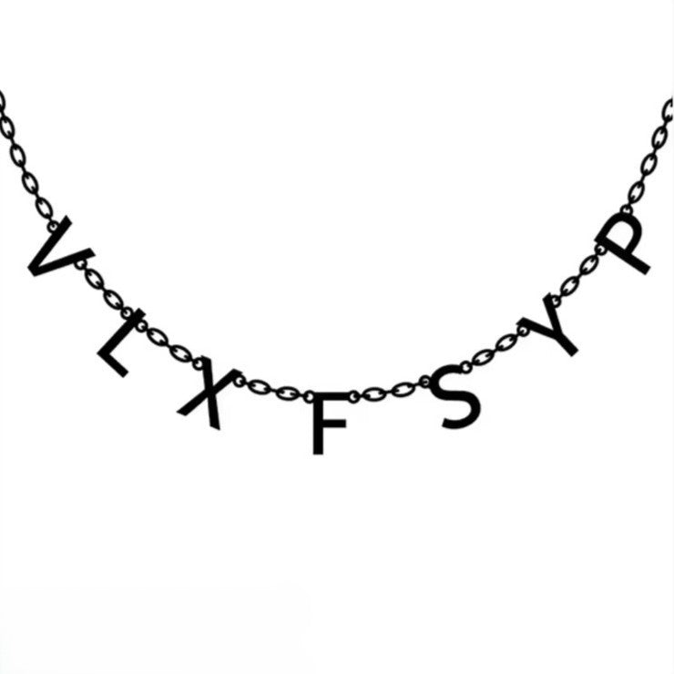 Necklace with black lettered chain on a white background
