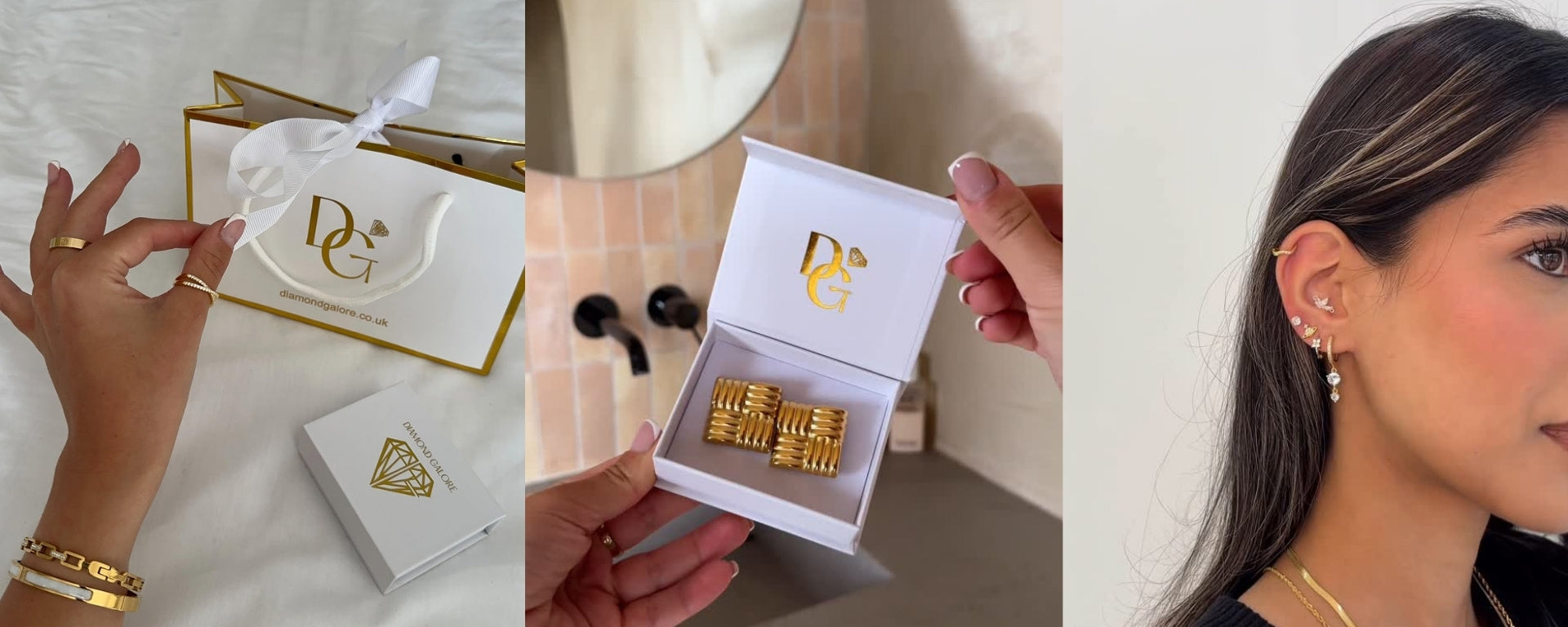 Gold jewellery set in a box with DG logo, held by a hand, and a woman wearing the earrings.