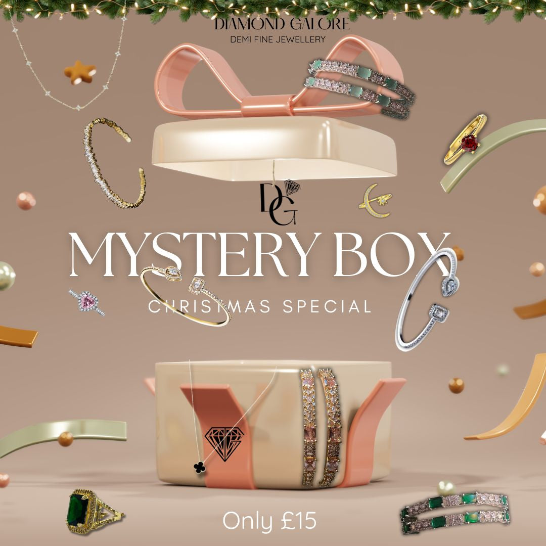 Jewelry set with 'Diamond Galore' branding and 'Mystery Box Christmas Special' text on a beige background.