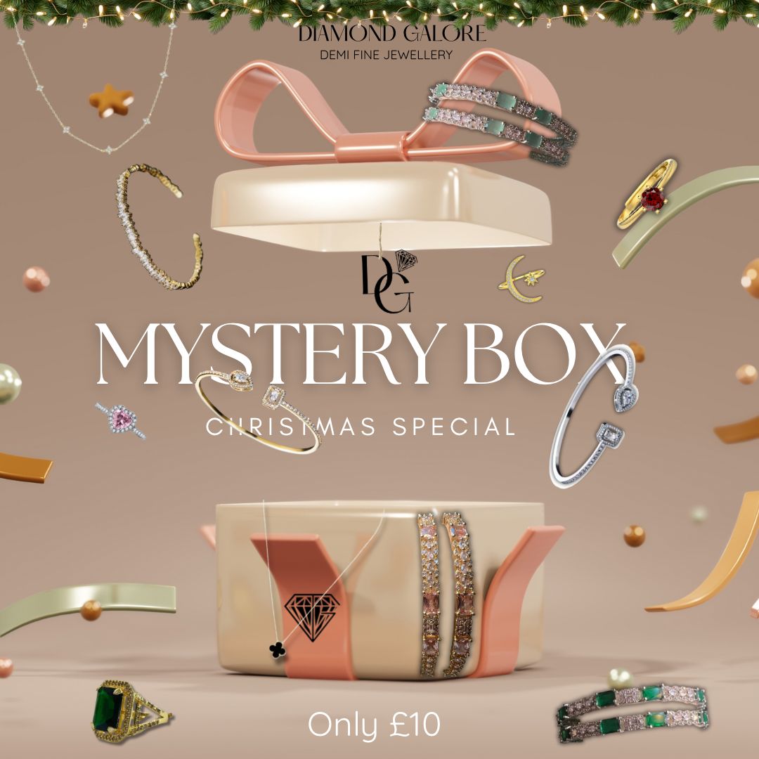 Jewelry set with 'Diamond Galore' branding and 'Mystery Box Christmas Special' text on a beige background.