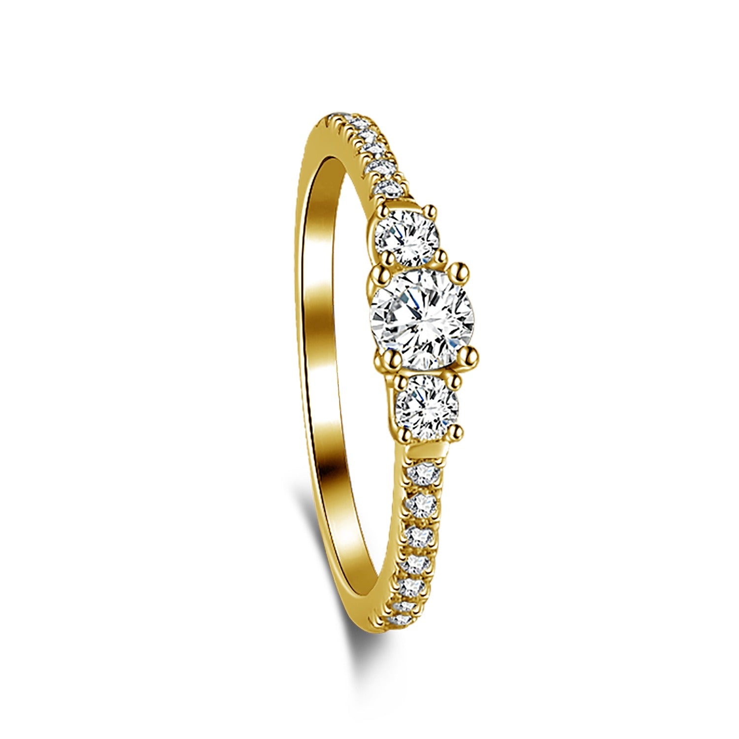 A dainty engagement ring featuring a central cubic zirconia stone with smaller stones on the band, set in a gold-tone mounting.