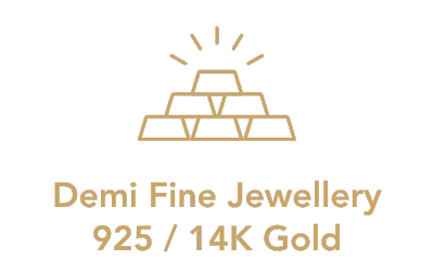 Icon for Demi Fine Jewellery with gold bars and text on a white background