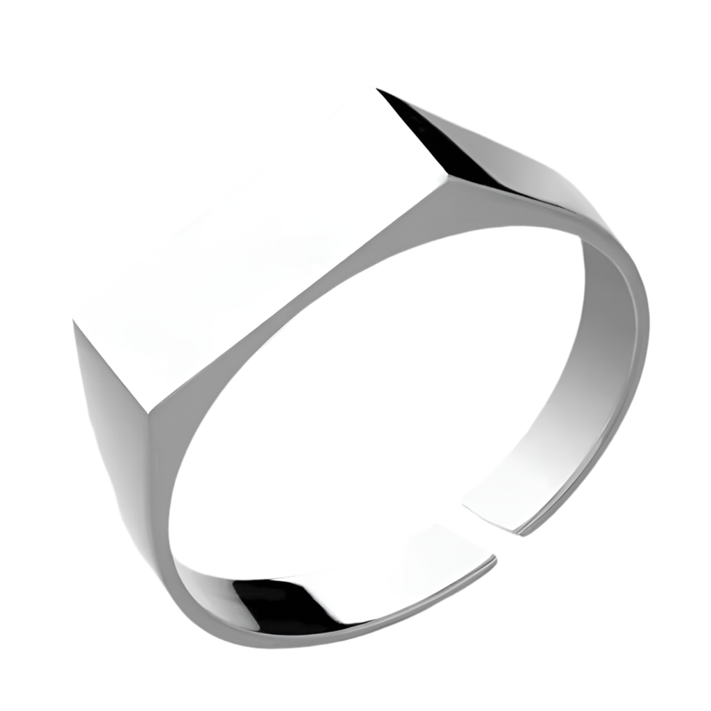 Silver engravable ring with a unique design on a white background