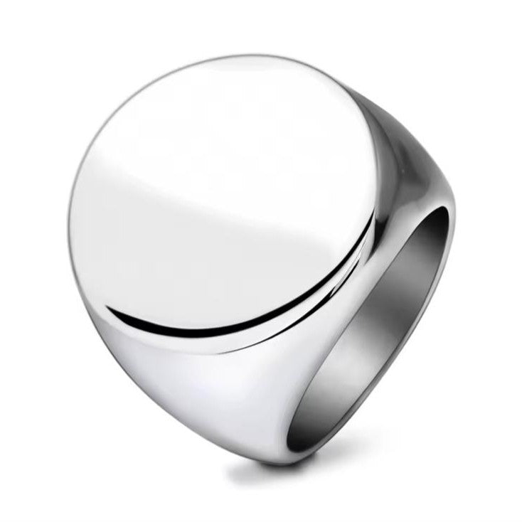 Men's silver engravable signet ring on a white background