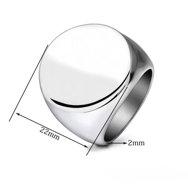 Men's silver engravable signet ring with dimensions on a white background