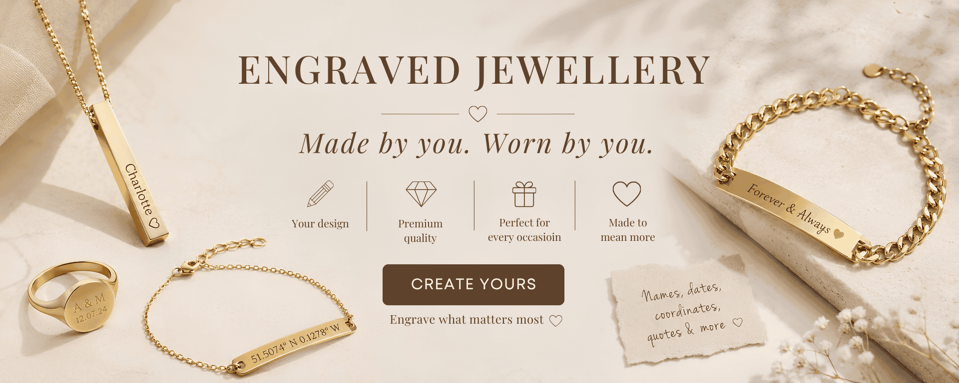 Engraved jewellery at DG with a gold bracelet, ring, and necklace on a textured beige background.