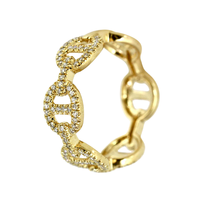 Gold ring with diamond accents against white background