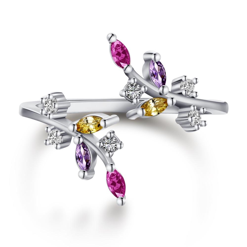 An adjustable silver ring featuring a floral design with multiple multicolored gemstones.