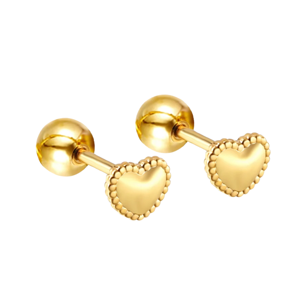 Gold Beaded Heart Flat Back Stud Earrings