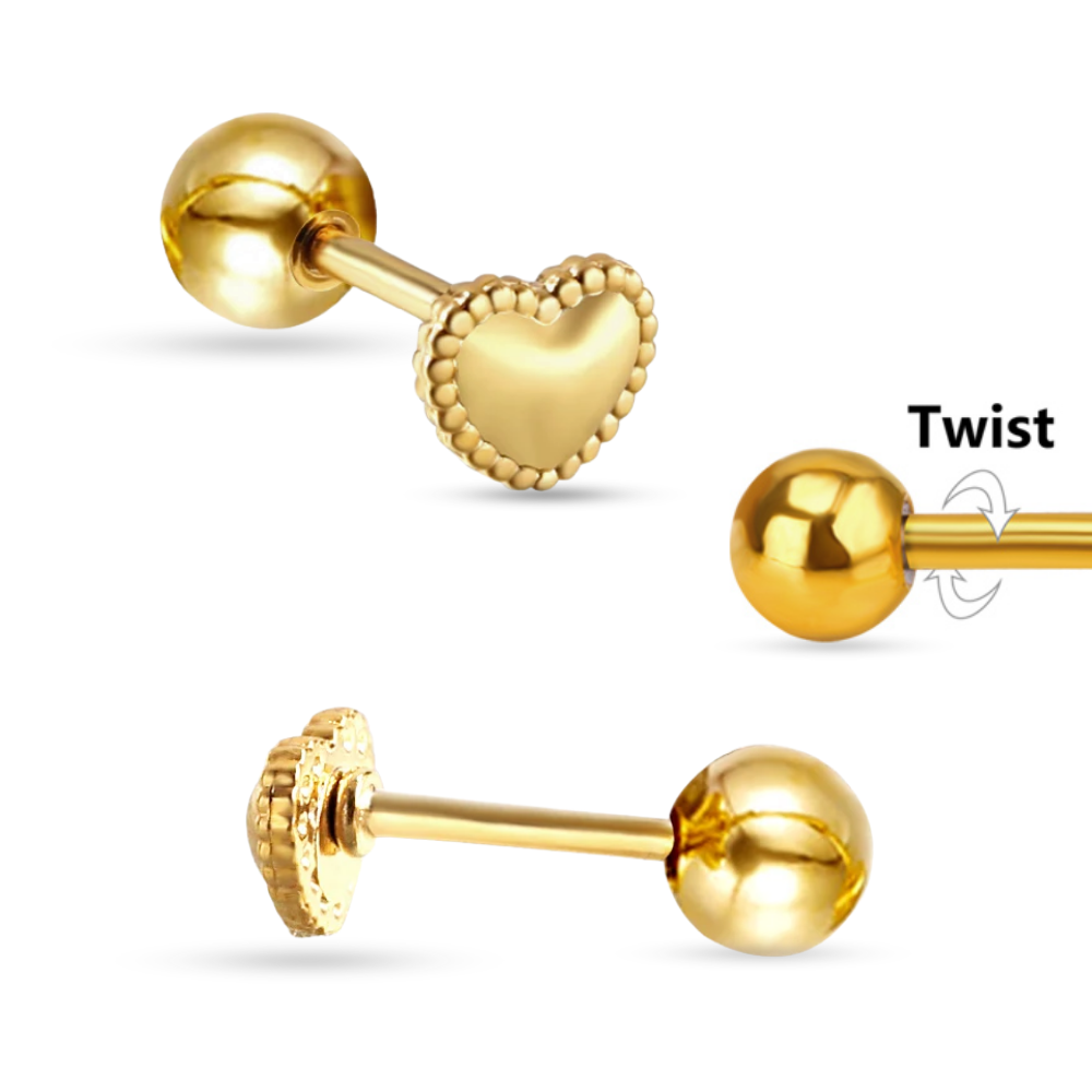 Gold Beaded Heart Flat Back Stud Earrings