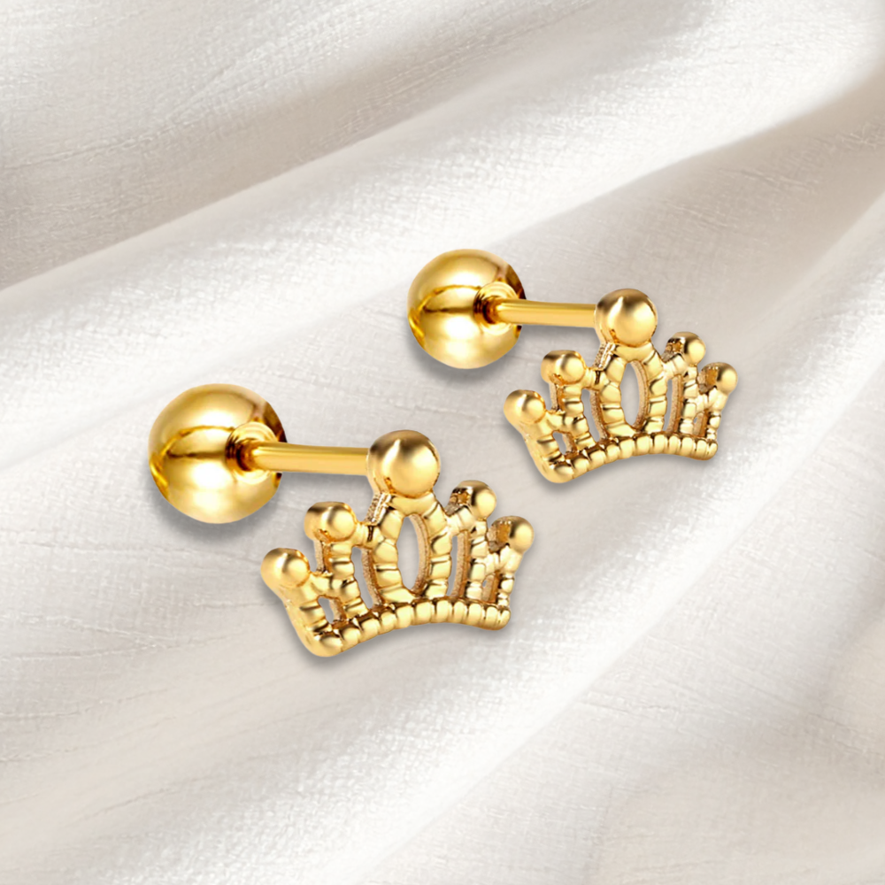 Gold Crown Flat Back Stud Earrings displayed on a beige fabric in the background