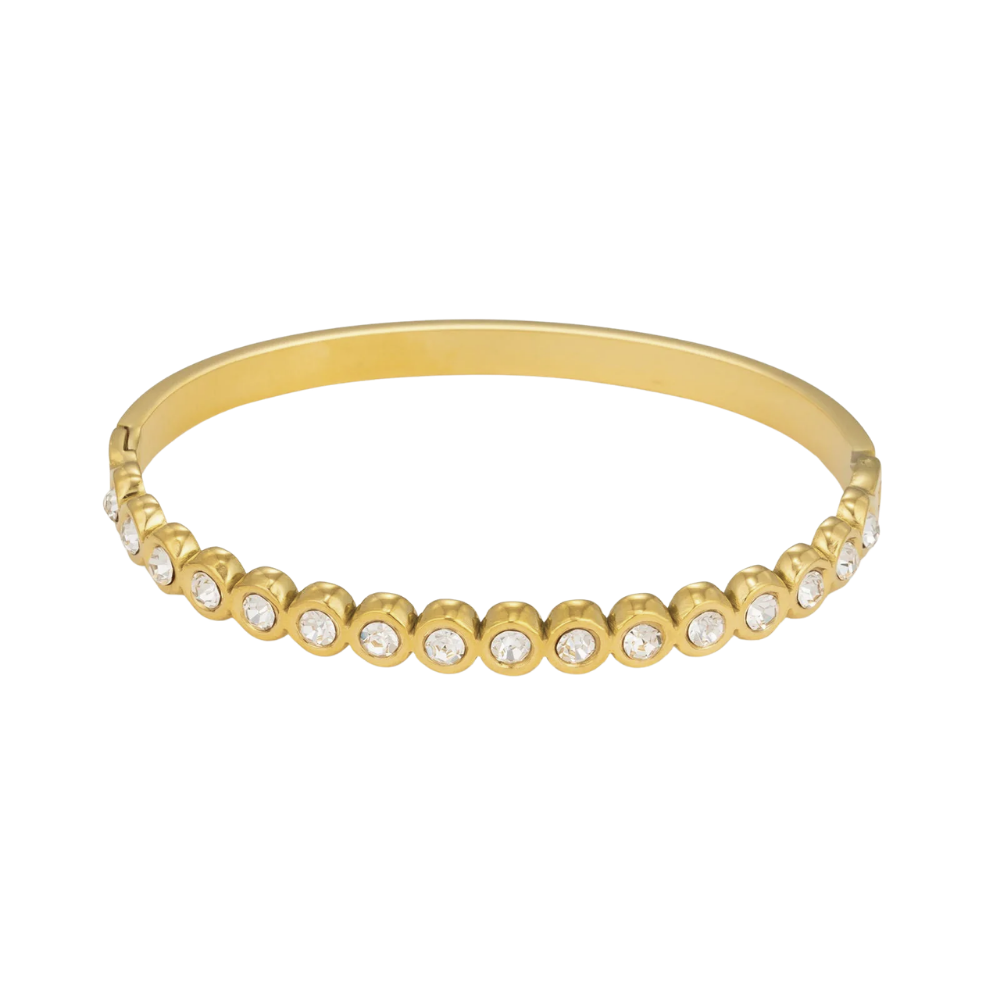 Gold bracelet with embedded crystals on a white background
