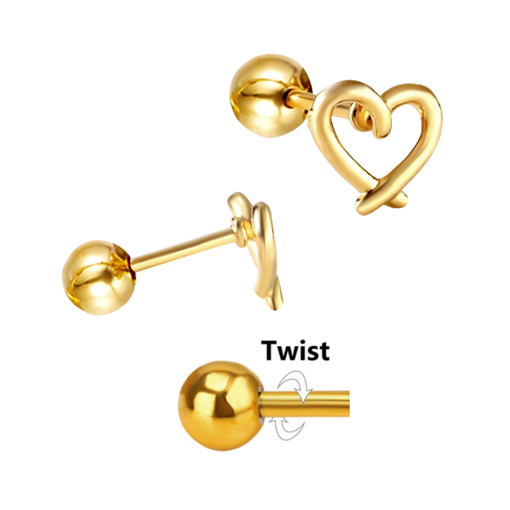 Gold heart-shaped earrings with a 'Twist' feature on a white background