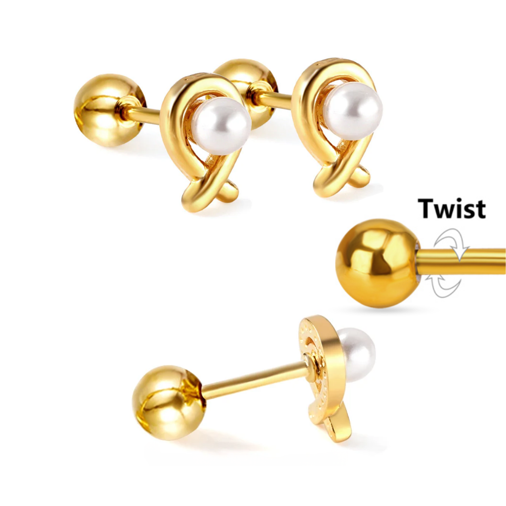 Gold earring with pearl on a white background with twist feature
