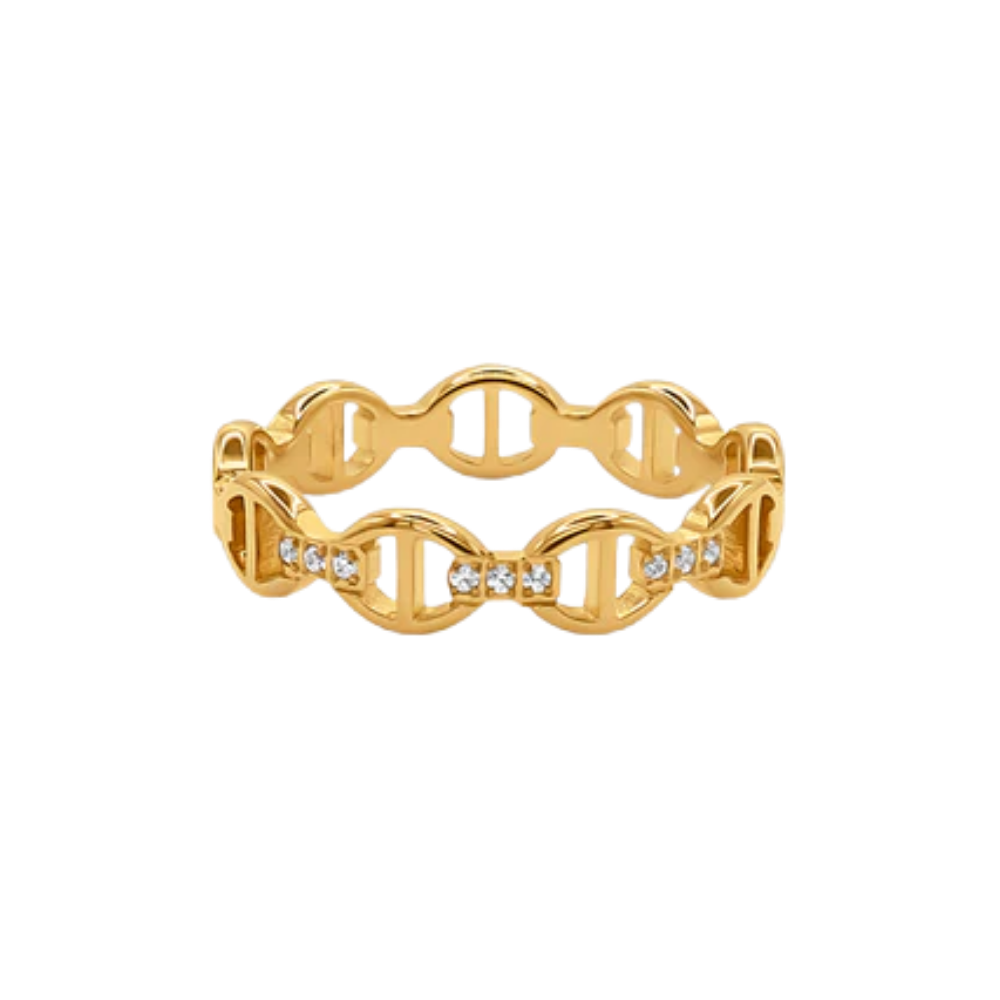 Gold chain-style ring with small diamonds on a white background