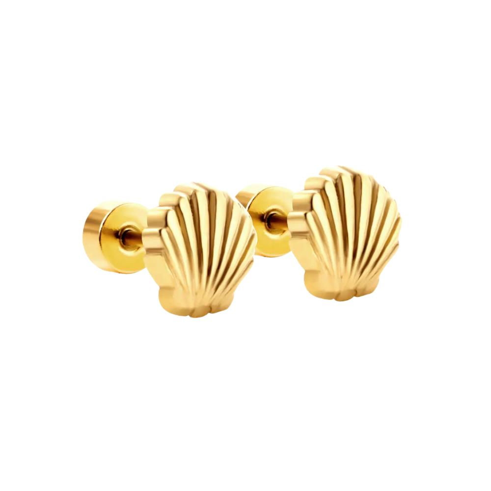 Gold shell-shaped earrings on a white background