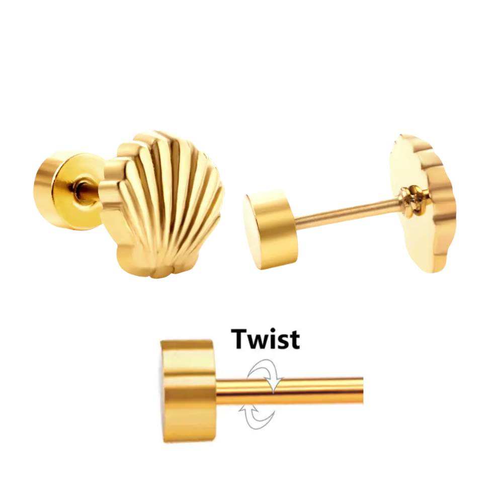 Gold shell-shaped earrings with a 'Twist' label on a white background