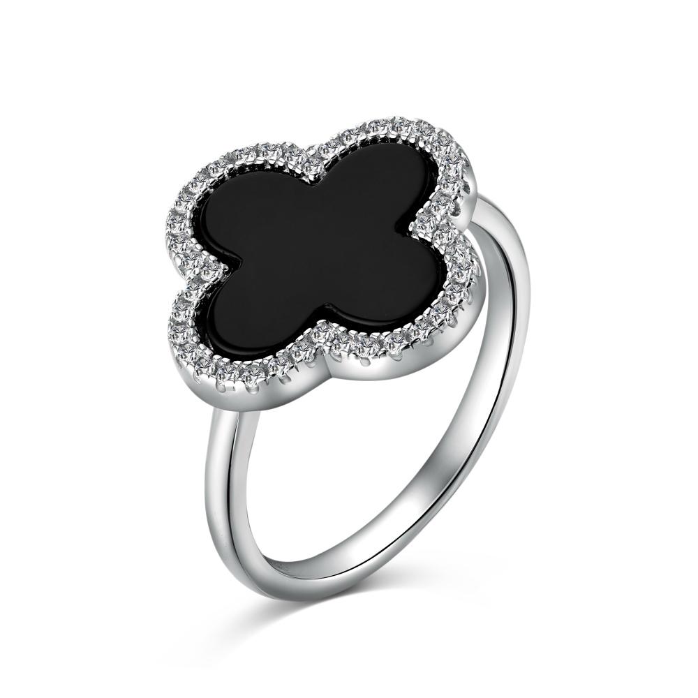 A clover-shaped ring with black shell accent, in 925 sterling silver with a rhodium plating, displayed against a white background.
