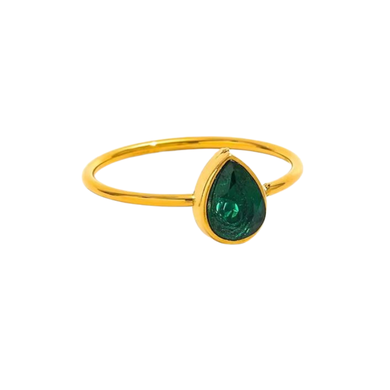 Green teardrop stone gold ring in a refined minimalist design.