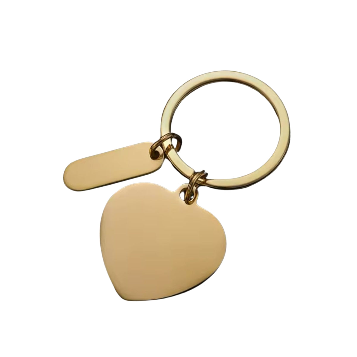A gold-colored stainless steel keyring with a heart-shaped charm and a bar pendant attached.