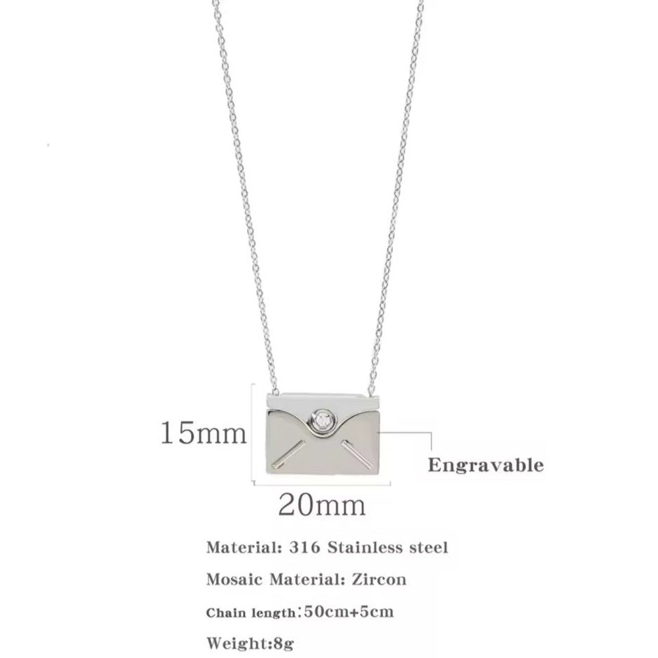 Silver necklace with a rectangular envelope pendant on a white background, showing dimensions and material details.