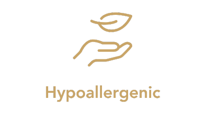 Hypoallergenic symbol with a hand, leaf, and text on a white background