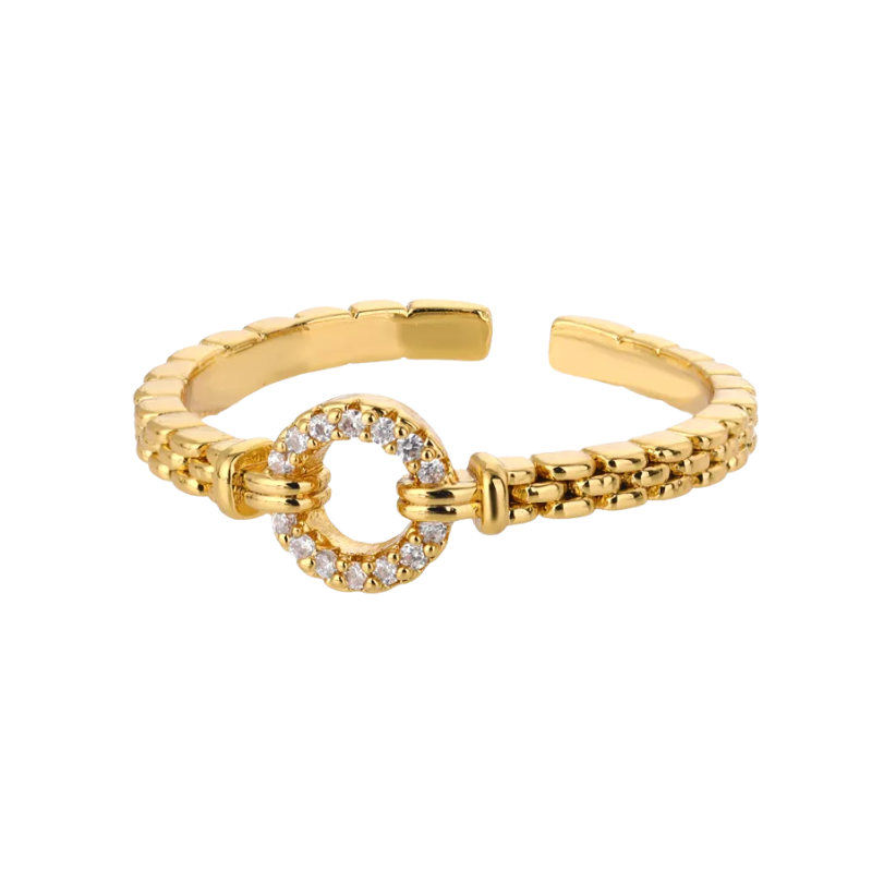 Adjustable Gold ring with heart-shaped clasp on a white background