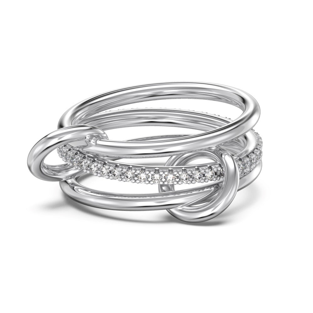 A silver interlocking ring with embedded diamonds on a white background