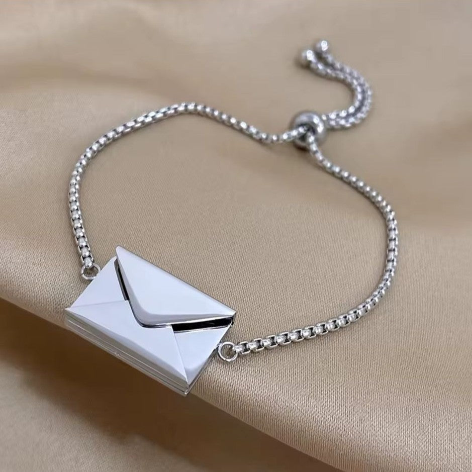 ‘Love You’ Engraved Envelope Bracelet with Adjustable Chain