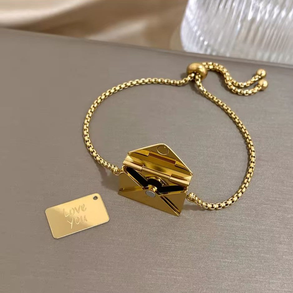 ‘Love You’ Engraved Envelope Bracelet with Adjustable Chain