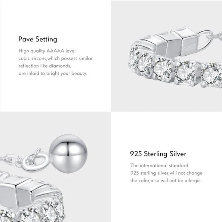 An adjustable 925 sterling silver chain ring with a series of shimmering stones set in a linked chain design with description.