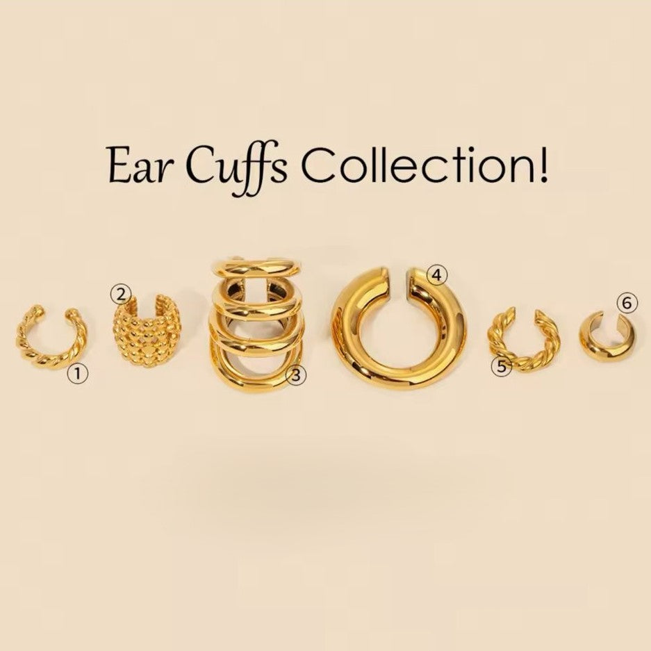 A collection of gold-colored ear cuffs with varying designs displayed under the text 'Ear Cuffs Collection!' on beige background.