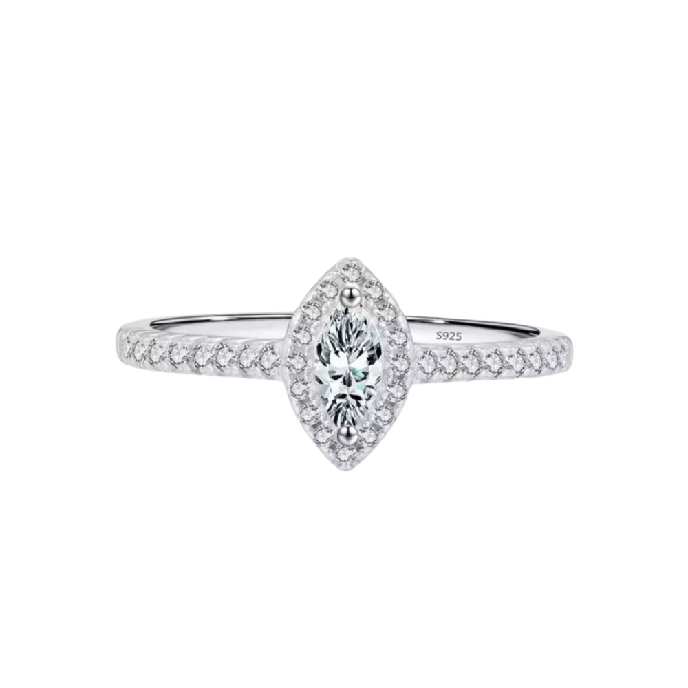 Diamond ring with marquise-shaped center stone on a white background