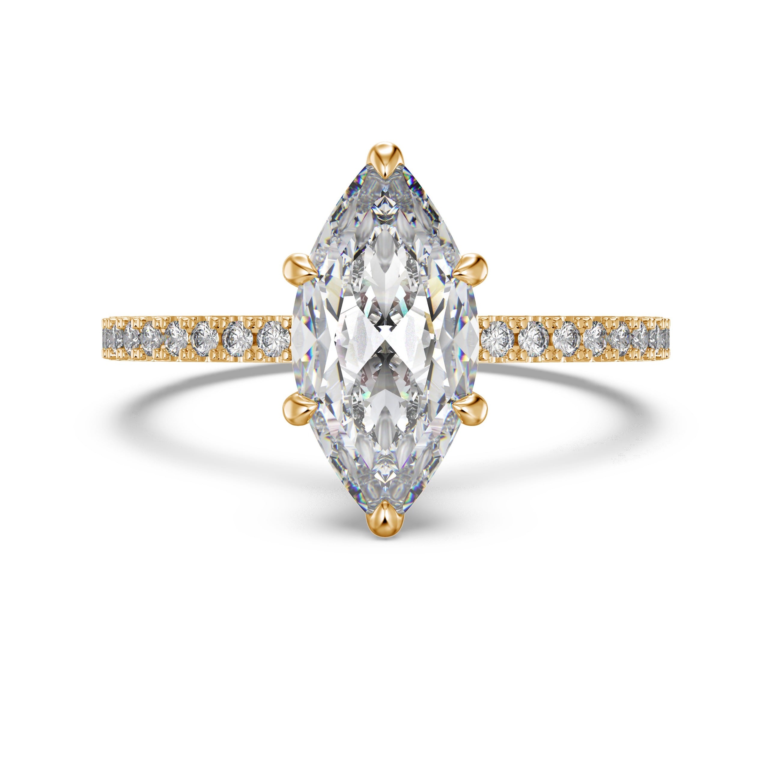 Gold color ring with a large marquise-shaped stone and smaller clear stones on the band against a white background