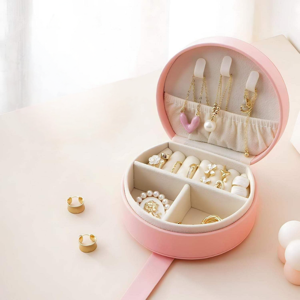 Mini Round Travel Jewellery Box in Pink Displaying Space with Jewellery inside