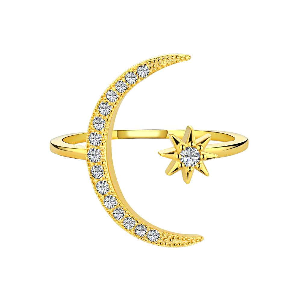 A gold-colored sterling silver ring featuring a crescent moon and a star design with sparkling stones set in the moon and star shapes.
