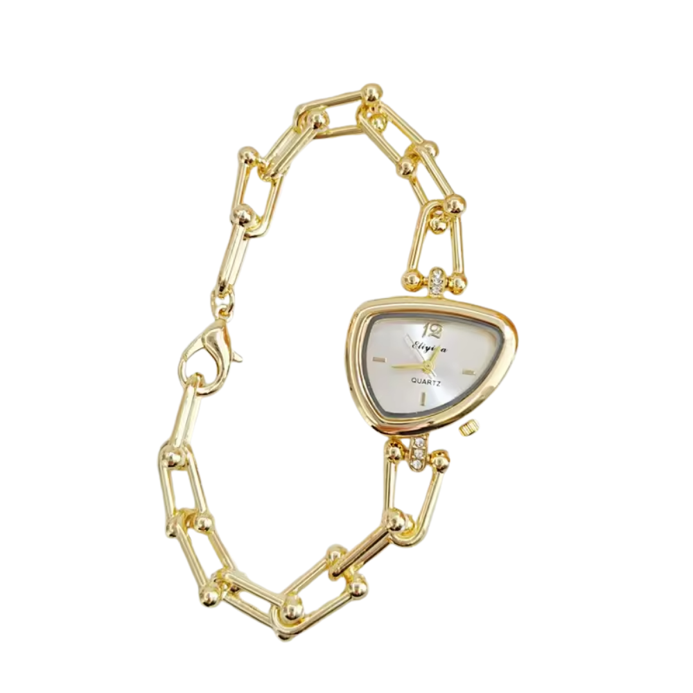 Gold chain-link watch with a oval-shaped face on a white background