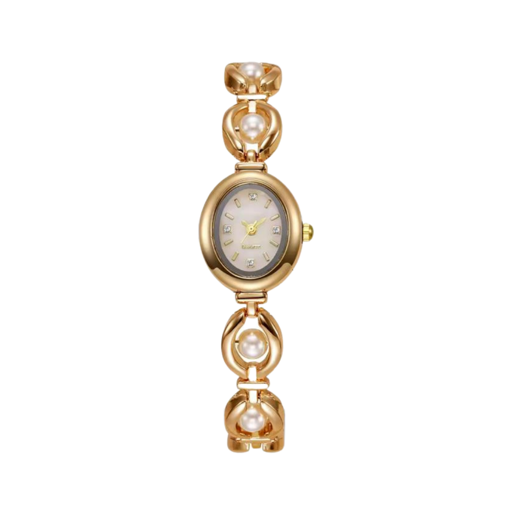 Gold watch with pearl accents on a white background