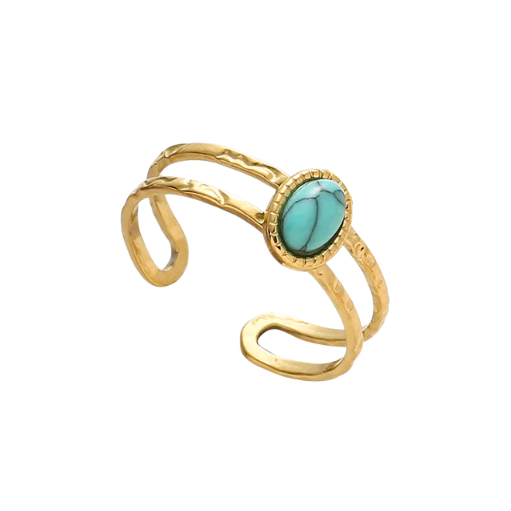 Gold ring with a turquoise stone on a white background