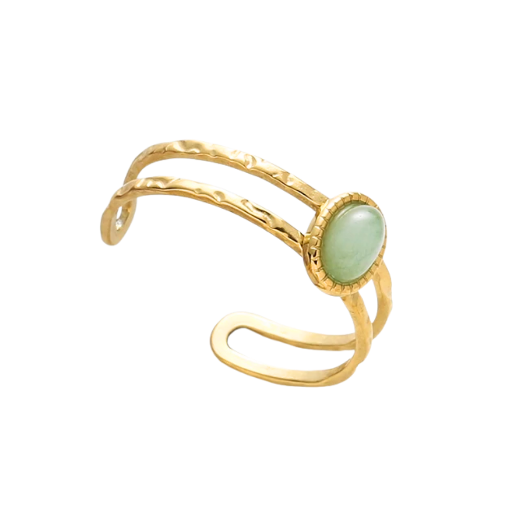 Gold ring with a green gemstone on a white background