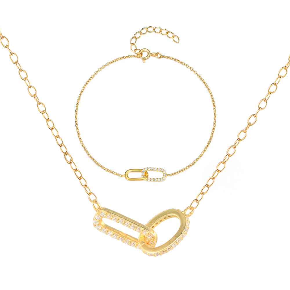 Pavé Oval Link Necklace and Bracelet Set in Gold color Displayed over a white background